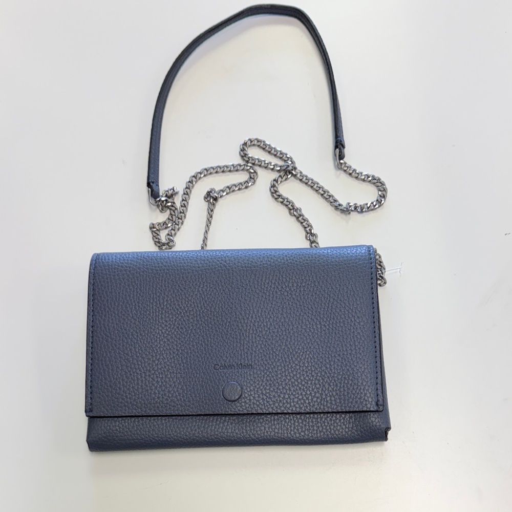 Calvin Klein Navy Pebbled Leather Crossbody with Silver Chain